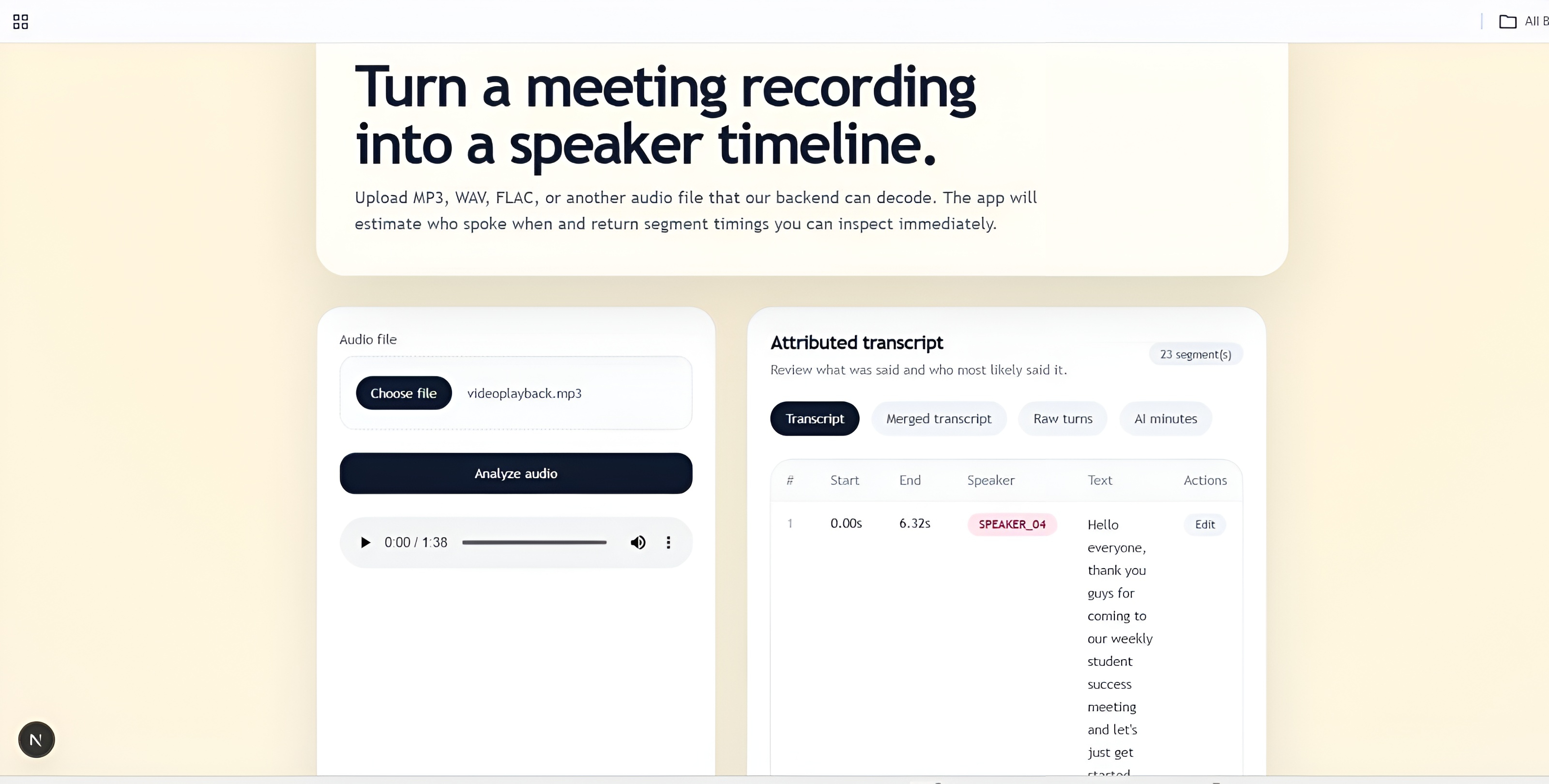 Meeting transcription screen showing diarized speaker segments and generated minutes