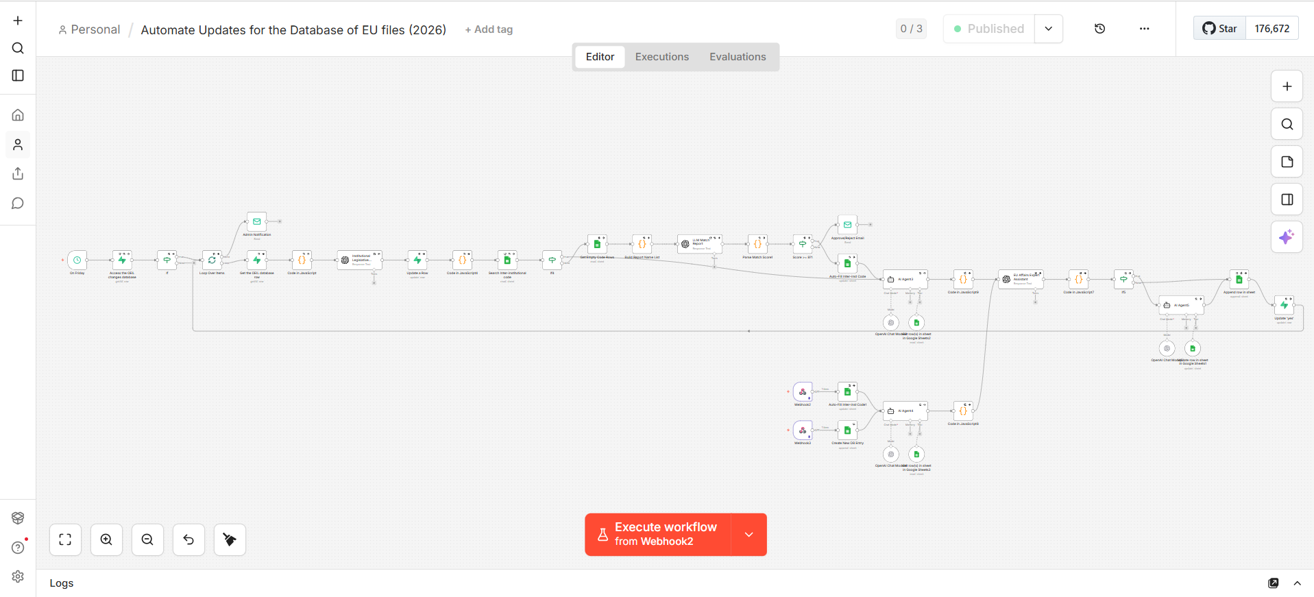 n8n workflow that detects changes, drafts AI updates, and syncs to Google Sheets