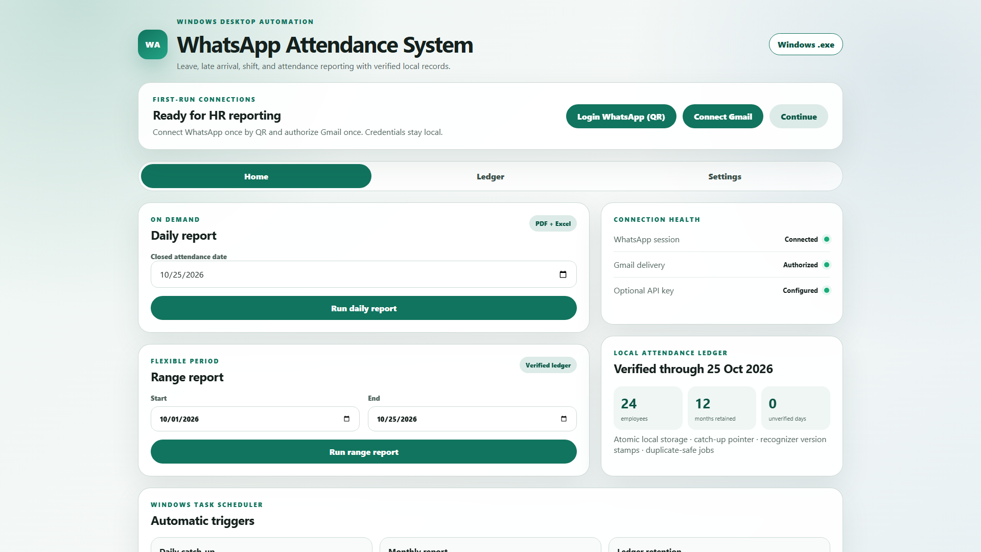 Attendance dashboard tracking WhatsApp sign-ins, late arrivals, and leave requests