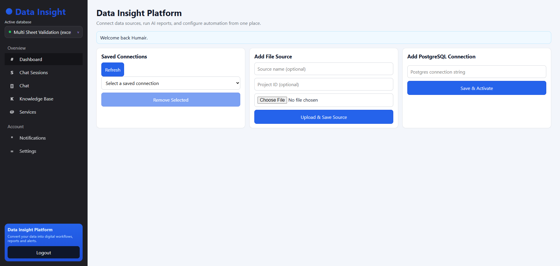 Data Insight platform connecting PostgreSQL and CSV sources for AI analytics