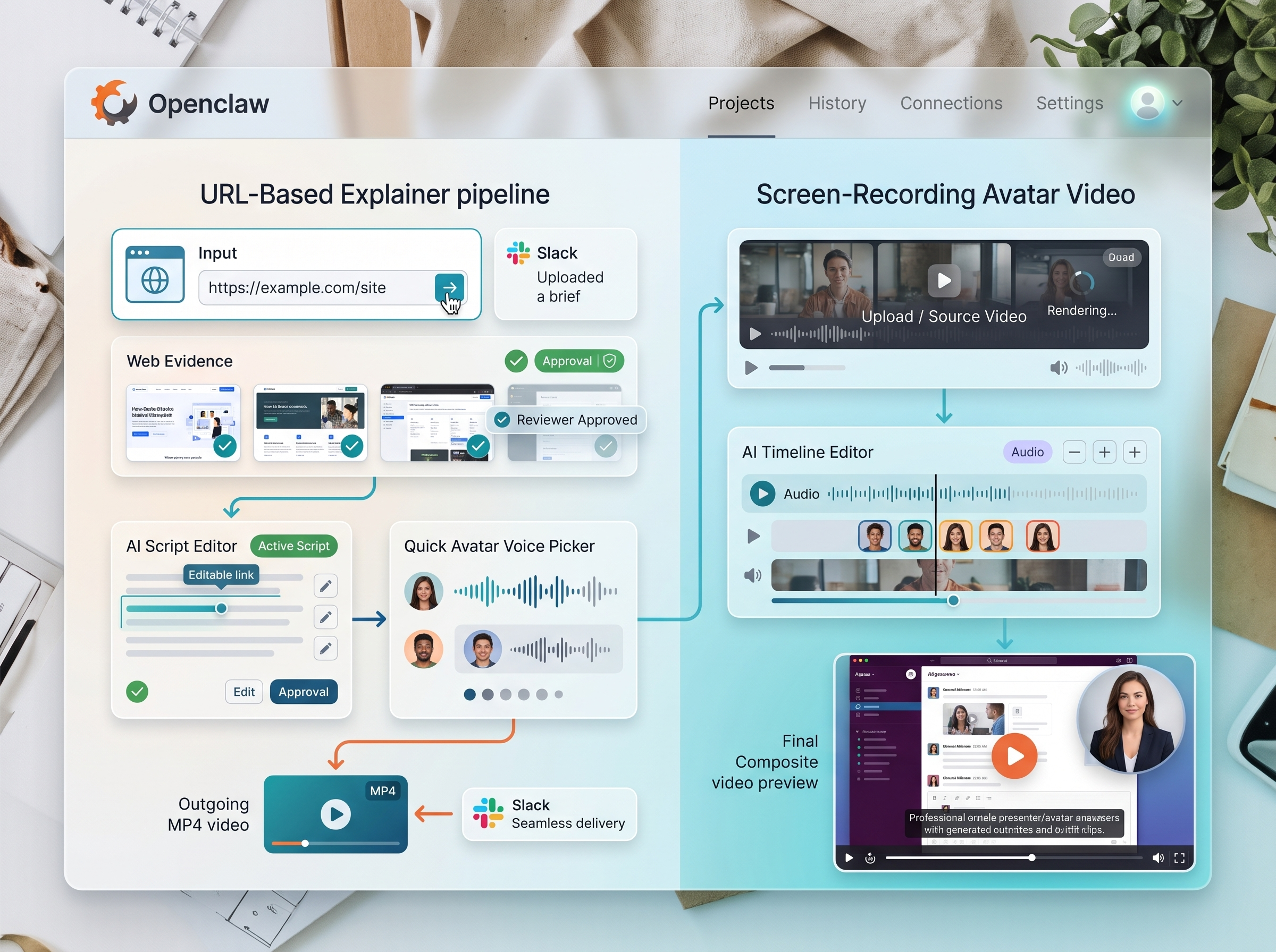 Openclaw pipeline turning a URL into a human-approved narrated avatar video delivered via Slack